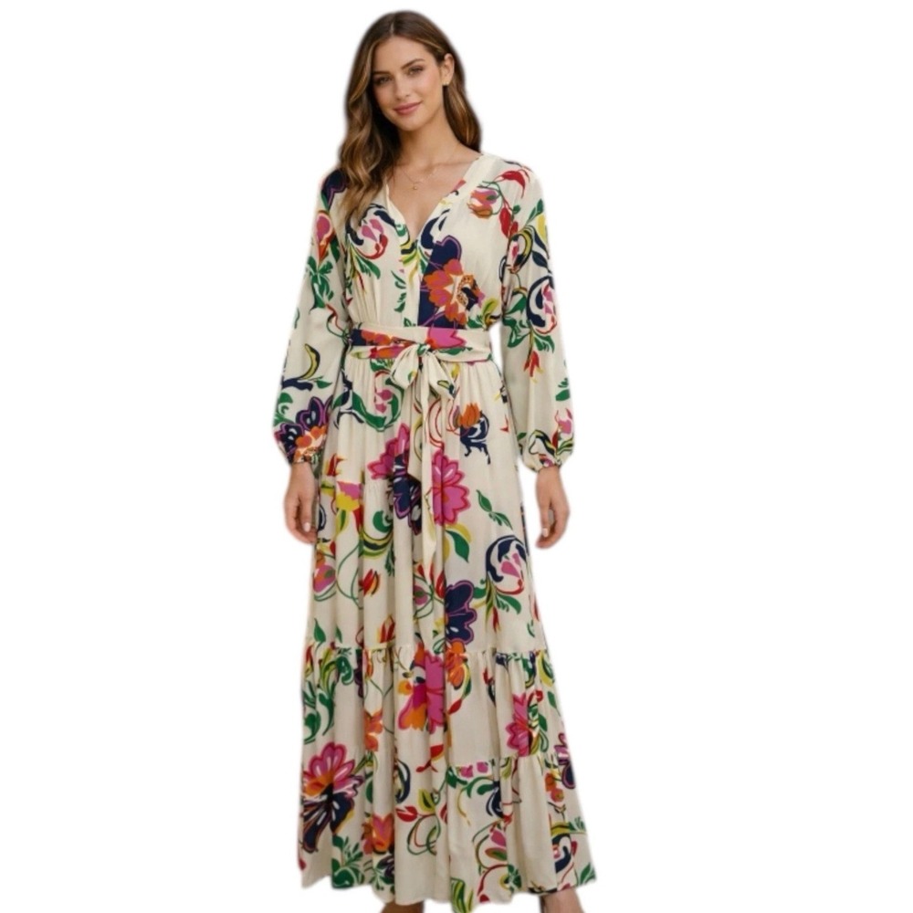 Premier Amour Maxi Dress Womens 8 Cream Floral Tiered V-Neck Belted Boho